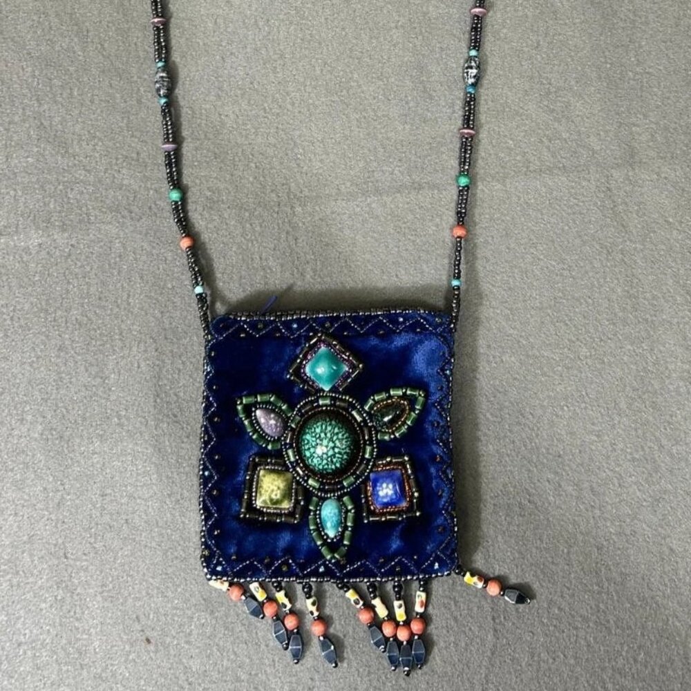 BOHO Velvet Women's Purse Pouch Blue Silk Stones Ornate Fringe & Strap
